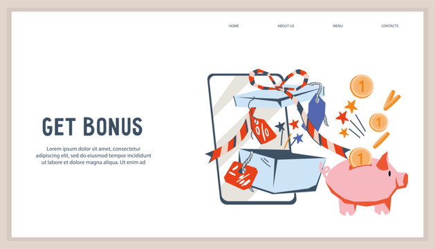 Bonus or referral program, cashback business concept web banner template, flat style vector illustration. Cashback, promotions and rewards for clients loyalty concept.