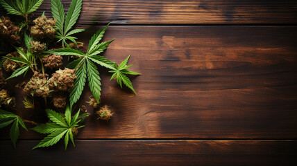 Green Marijuana Plant Leaves and Buds on Rustic Wooden Table Background. Medical Weed, Alternative Treatment, THC, CBD, Cannabis sativa of indica, Mockup for medical product - obrazy, fototapety, plakaty