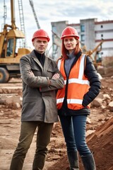 Obraz na płótnie Canvas shot of two environmentalist colleagues posing together at a construction site