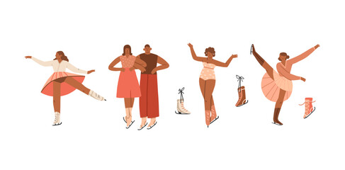 Hand drawn vector abstract graphic Merry Christmas and Happy new year illustration figure ice skating people.Christmas cute design background.Winter holiday art concept.Modern creative greeting card.