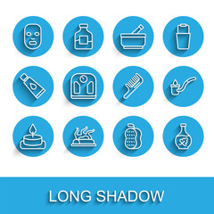 Set line Aroma candle, Campfire, Facial cosmetic mask, Washcloth, Essential oil bottle, Bathroom scales, Sauna ladle and Hairbrush icon. Vector