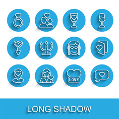 Set line Location with heart, Romantic girl, Wedding rings, Heart, speech bubble, Candlestick, Valentines day flyer and icon. Vector