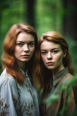 Obraz premium portrait of two young women standing in a forest