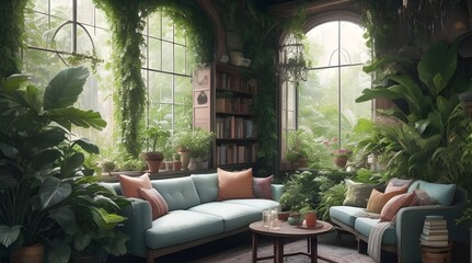 An inviting living room with a lush garden of plants, a cozy reading area, and a dreamy atmosphere.