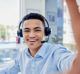 Happy man, call center selfie and communication portrait in customer service or technical support...