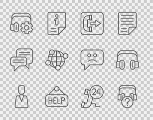 Set line Employee, Headphones with question, Outgoing call, Signboard text Help, Headphoneswith settings, Global technology, Telephone 24 hours support and icon. Vector