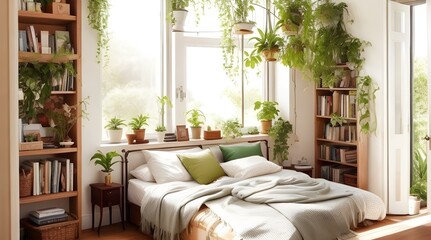 A tranquil, sun-drenched bedroom with a lush plant-filled corner, a comfy bed, and a wall of books.