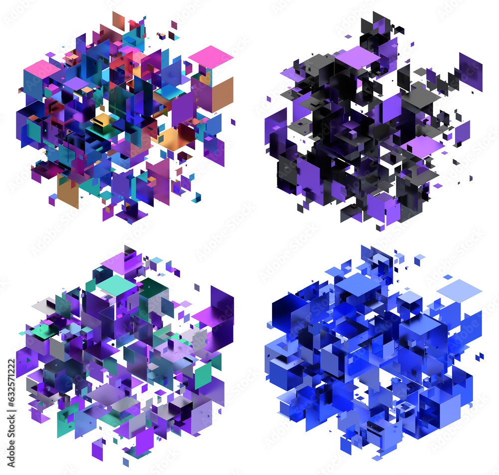 Poster set of colorful geometric structures, 3d render