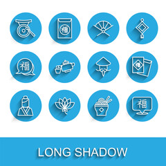Fototapeta premium Set line Asian woman, Lotus flower, Gong musical instrument, noodles bowl, Chinese New Year, tea ceremony, and or conical straw hat icon. Vector