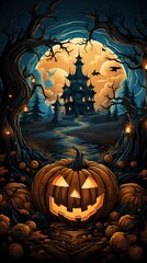 Halloween poster inside a mystical old house at night with a spooky jack o'lantern pumpkin against a moon background, illustration of a Halloween poster. generative ai