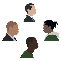 Male silhouettes in profile. A set of men's faces and hairstyles in profile. Simple illustration