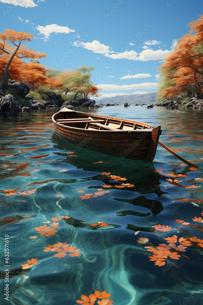 Leinwandbilder A tranquil view of a canoe gliding through calm water, with its movement creating a symmetrical pattern of circles. Generative AI technology.