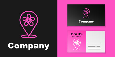 Pink line Location with flower icon isolated on black background. Logo design template element. Vector