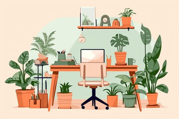 Design office desk with green plants and laptop