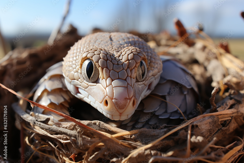 Poster A newborn snake shedding its eggshell remnants after hatching.  Generative AI technology.