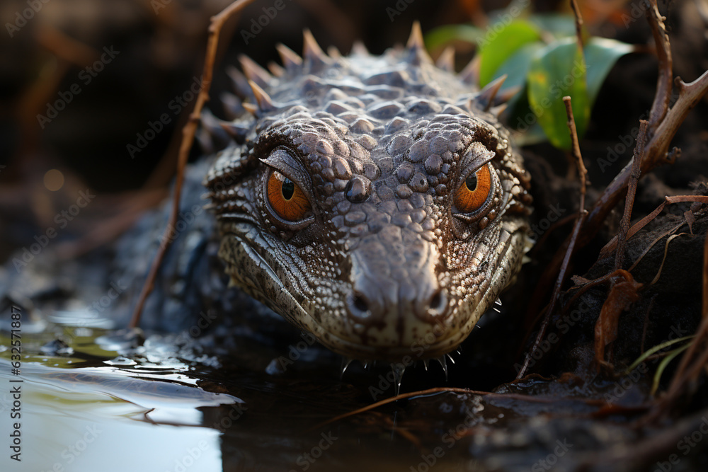 Poster a young alligator hatchling coming out of its egg in a marshy habitat. generative ai technology.