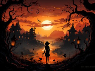 Halloween poster containing a shadowy image of a girl in the middle of an old town against a full moon as a background. generative ai.