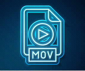 Glowing neon line MOV file document. Download mov button icon isolated on blue background. MOV file symbol. Audio and video collection. Vector