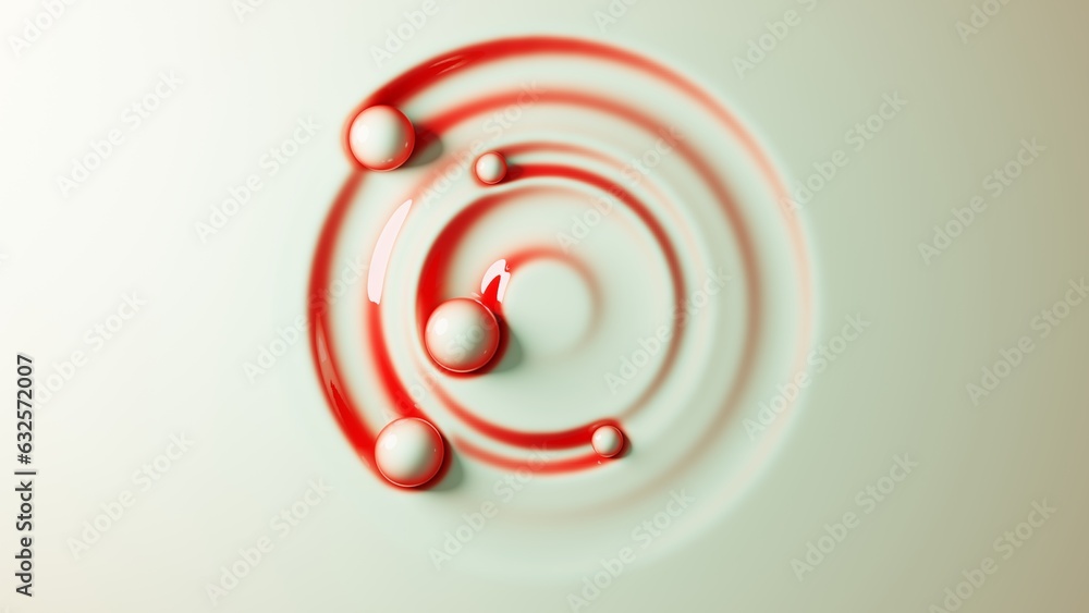 Fototapete four balls roll in a circle on a soft surface. top view of spheres in contact with liquid material. 
