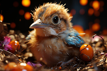 A close-up of a baby bird using its beak to peck through the eggshell. Generative AI technology. - obrazy, fototapety, plakaty