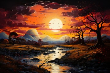 Warm sky at evening time, art. Beautiful illustration picture. Generative AI