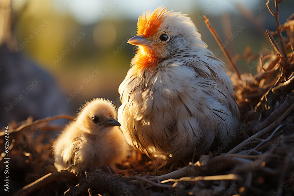 Poster A touching scene of a parent Chicken looking on as its hatchling emerges, showcasing the bond between generations.  Generative AI technology.