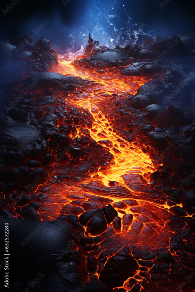 Poster a dynamic image of volcanic activity, capturing the intense cracks and fissures formed during an eru