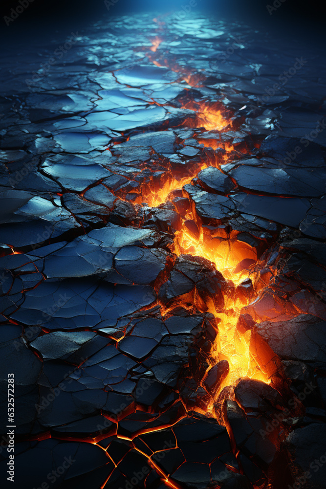 Poster a dynamic image of volcanic activity, capturing the intense cracks and fissures formed during an eru
