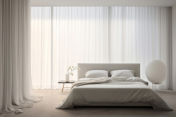 Create a tranquil bedroom with floor-to-ceiling sheer curtains, gently diffusing natural light, adding an ethereal quality to the minimalist sleeping space." Generative AI