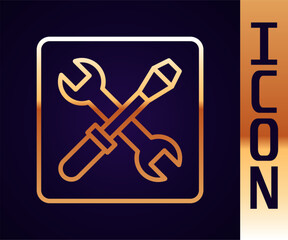 Gold line 3D printer setting icon isolated on black background. 3d printing. Vector