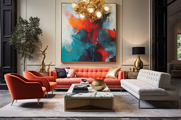 Craft a sophisticated living room with a statement art installation, evoking conversation and artistic appreciation among guests." Generative AI
