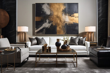 Craft a sophisticated living room with a statement art installation, evoking conversation and artistic appreciation among guests." Generative AI