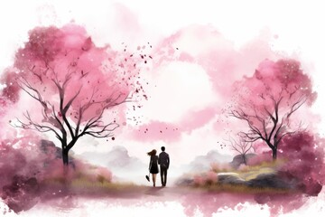 Watercolor romantic landscape with couple. Beautiful illustration picture. Generative AI