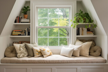 Create a cozy bedroom nook with a built-in reading corner, adorned with soft cushions and a wall-mounted bookshelf, encouraging moments of relaxation." Generative AI