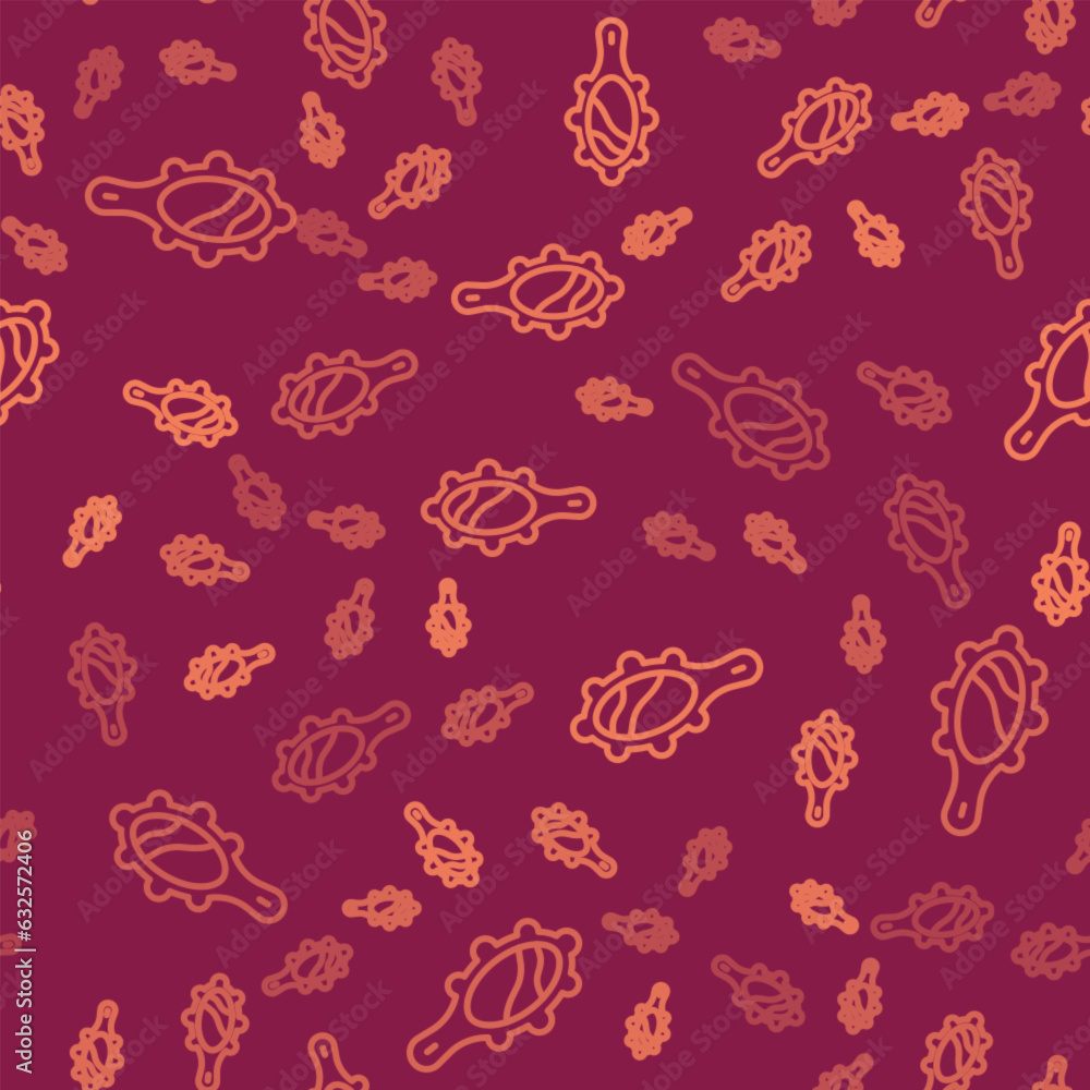 Poster brown line magic hand mirror icon isolated seamless pattern on red background. vector