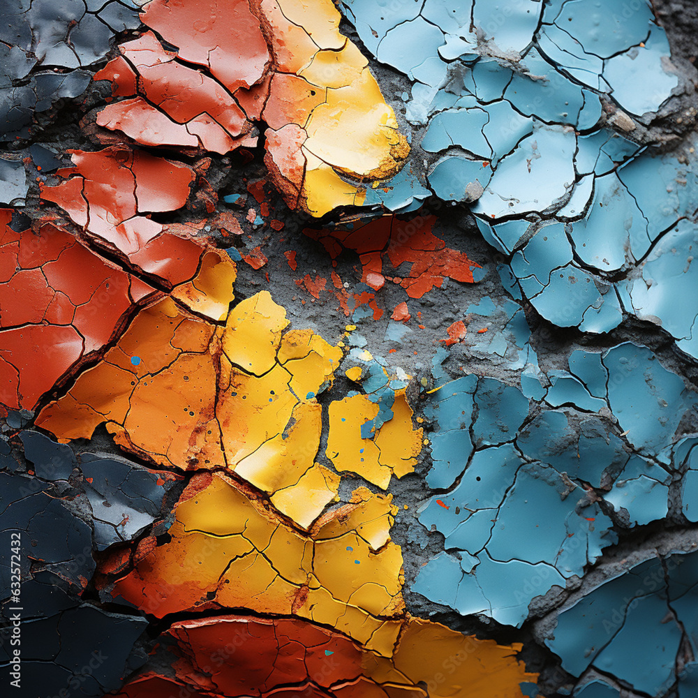 Poster an artistic photograph of cracked paint on a weathered surface, revealing a captivating blend of col
