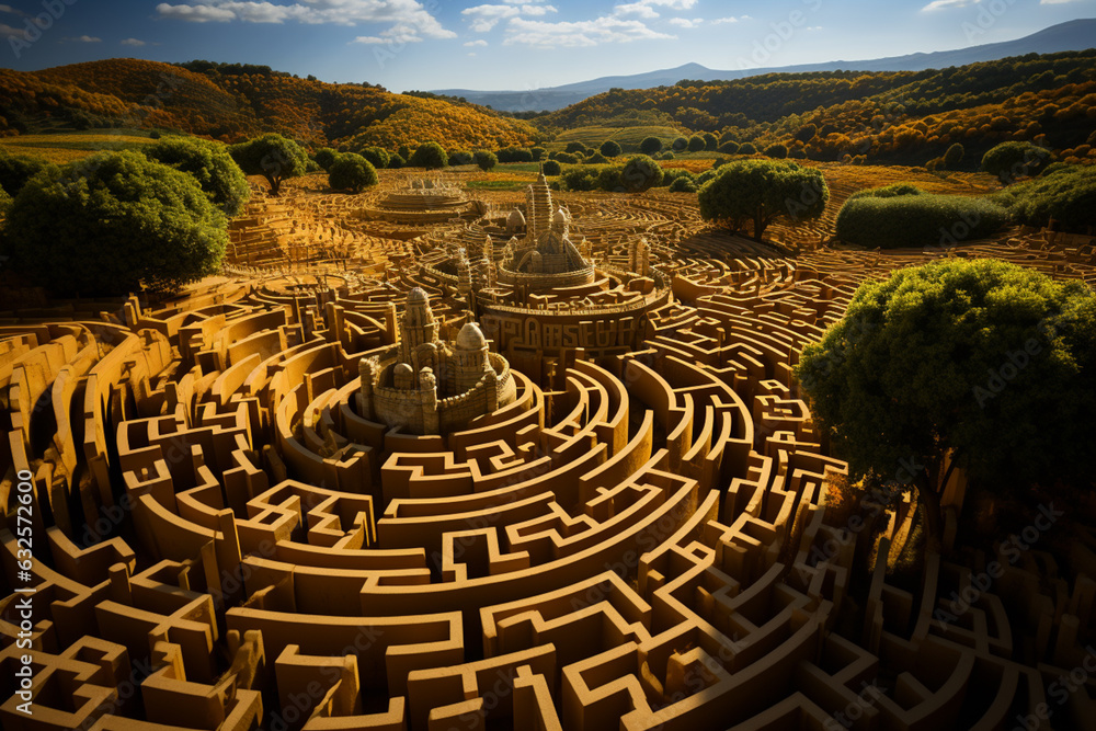 Aufkleber A bird's-eye view of a corn maze, highlighting the intricate pathways and fun of fall activities.  Generative AI technology.