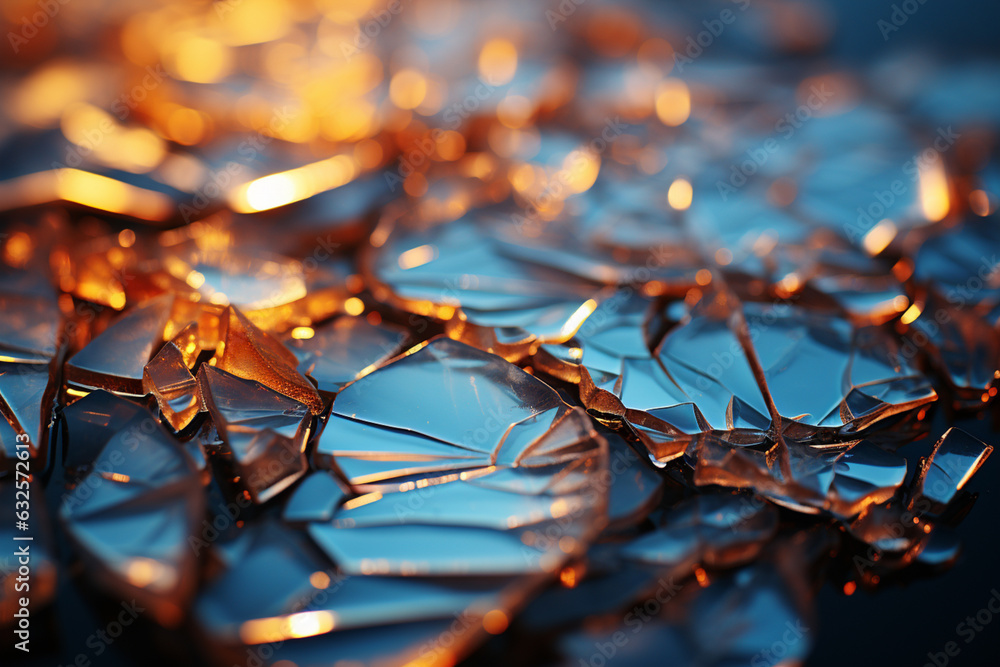 Poster a close-up photograph of an icy surface with delicate cracks reflecting the winter sun's rays, creat