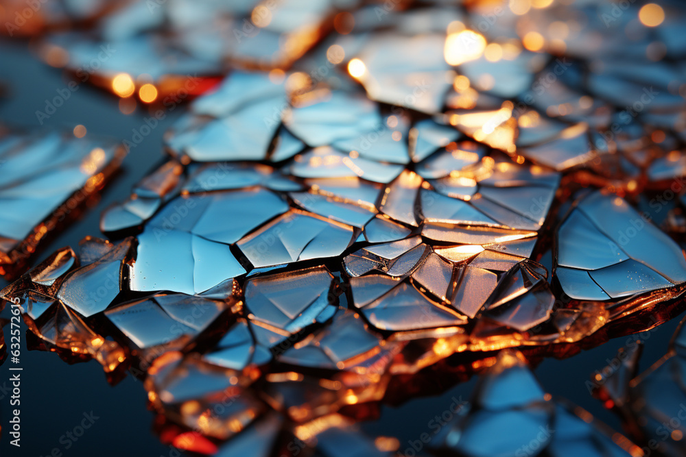 Aufkleber A close-up photograph of an icy surface with delicate cracks reflecting the winter sun's rays, creating a stunning visual effect.  Generative AI technology.