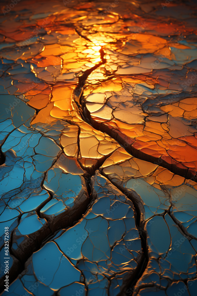Poster A striking aerial image of a vast desert landscape, with intricate cracks forming mesmerizing patterns on the parched ground. Generative AI technology.