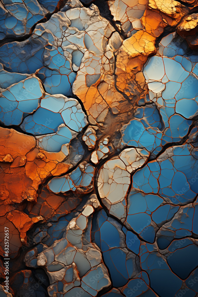 Aufkleber A striking aerial image of a vast desert landscape, with intricate cracks forming mesmerizing patterns on the parched ground. Generative AI technology.