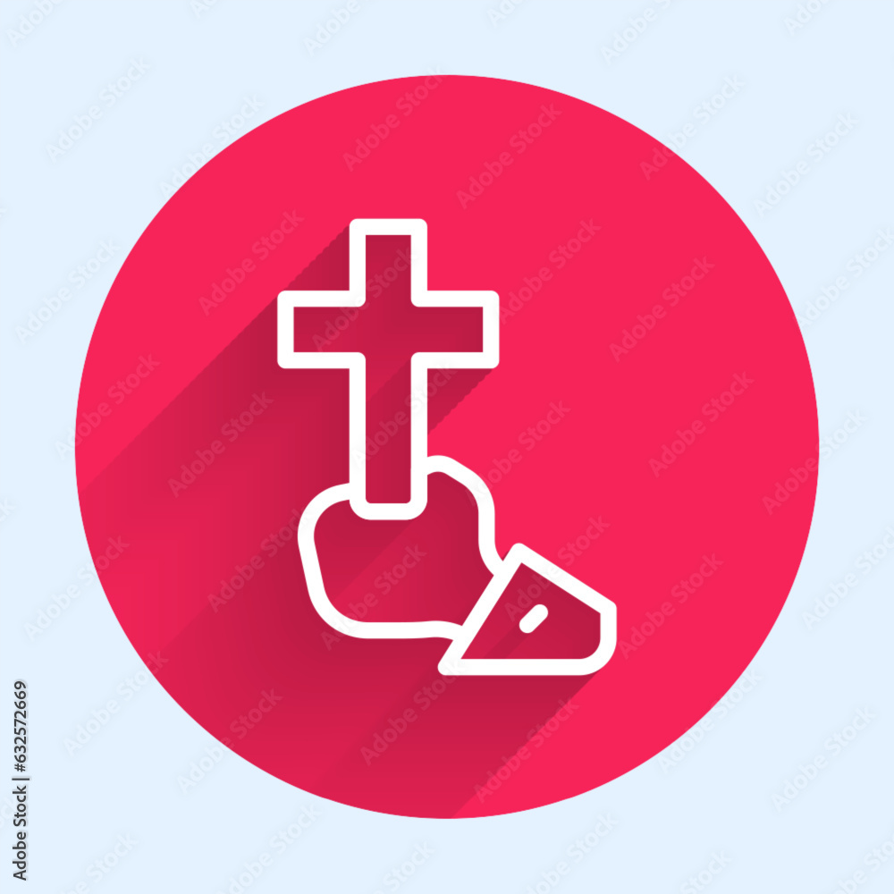 Poster white line christian cross icon isolated with long shadow. church cross. red circle button. vector