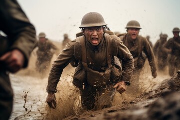 Fototapeta premium Wide angle modern military in the trench. Beautiful illustration picture. Generative AI