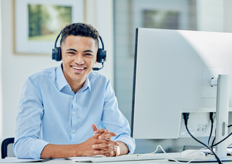 Telemarketing, portrait and man with a smile, call center and employee with headphones, tech...