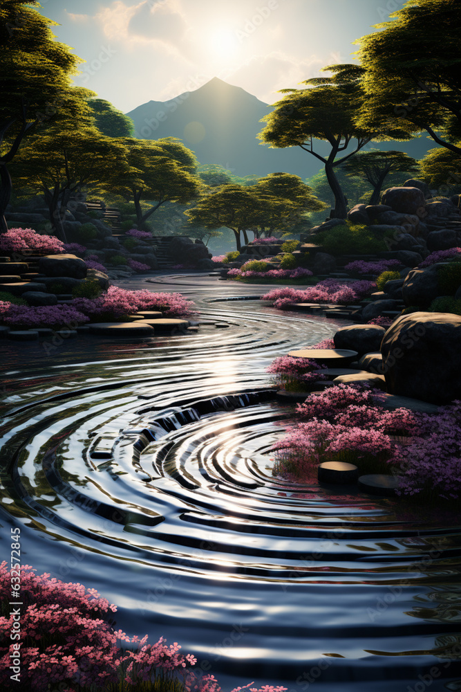 Aufkleber an image of a japanese garden pond with circular ripples forming around a carefully placed stone. ge