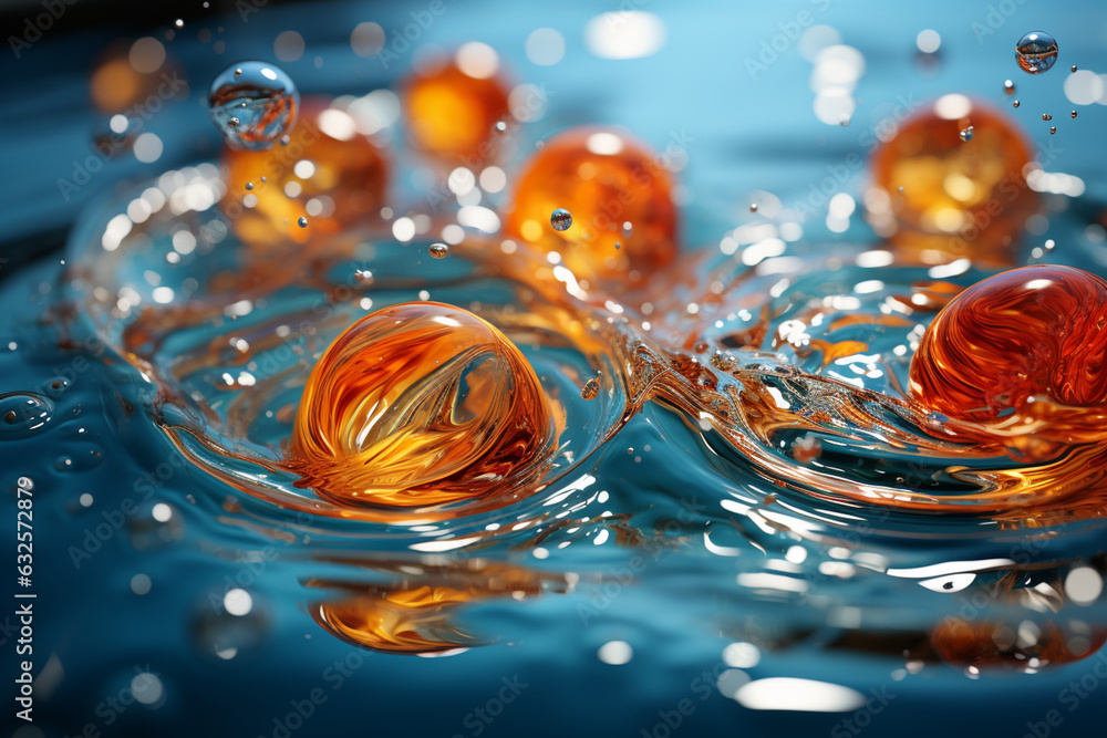 Poster An action shot of a water balloon bursting on the surface of a pool, forming a dynamic circle of droplets. Generative AI technology.