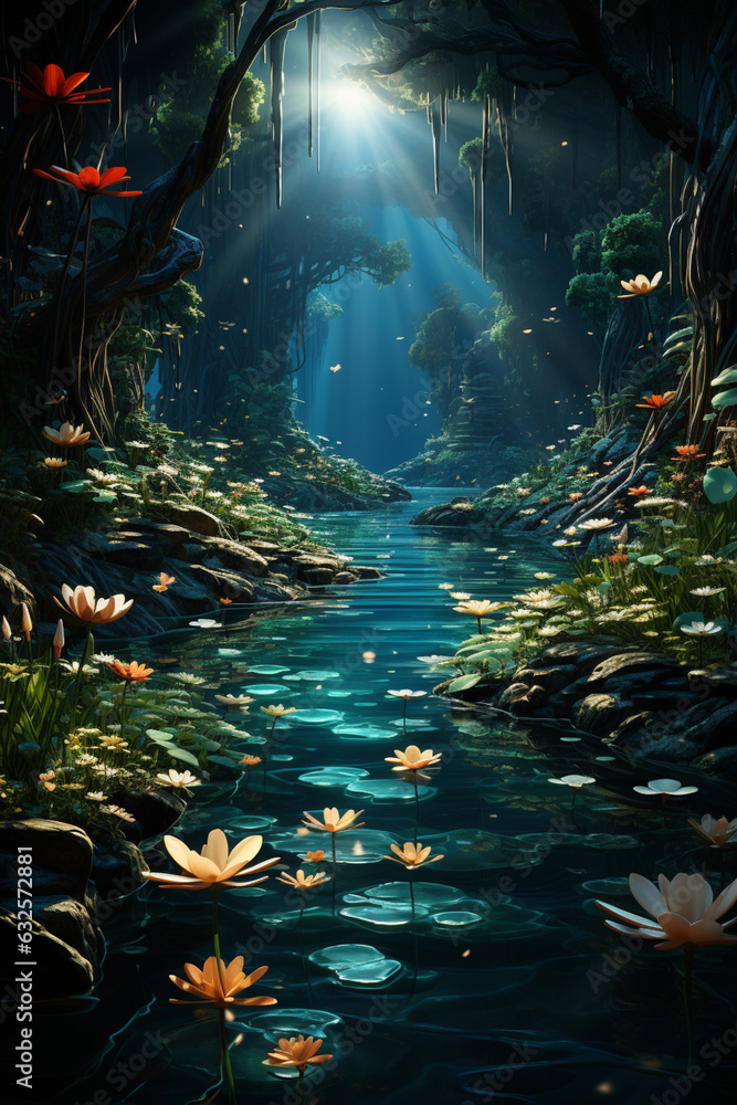 Poster a serene pond reflecting a lush landscape, with circles of light playing on the water's surface. gen