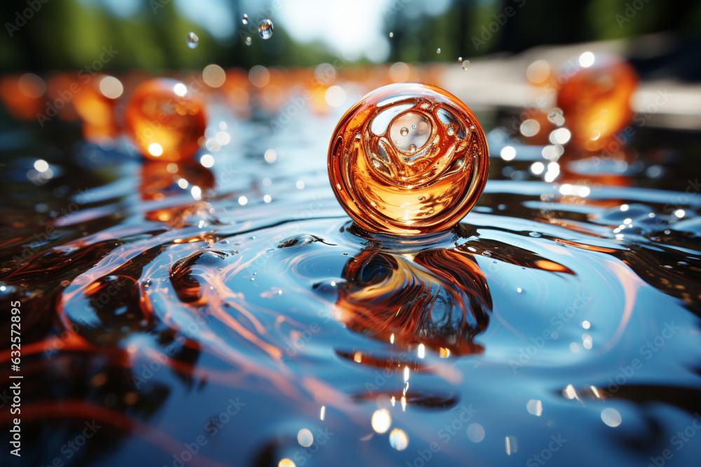 Poster an action shot of a water balloon bursting on the surface of a pool, forming a dynamic circle of dro