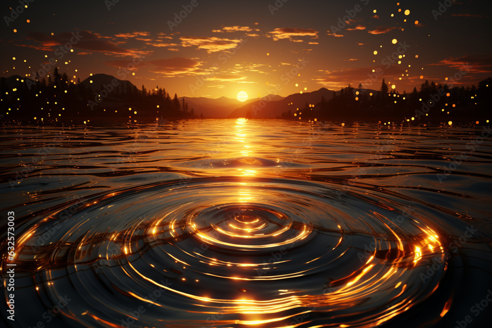 Aufkleber a serene scene of the sun setting over a calm lake, with circles of golden reflections dancing on th