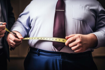 A fat man in a shirt is measuring his waist with a measuring tape. Generative AI